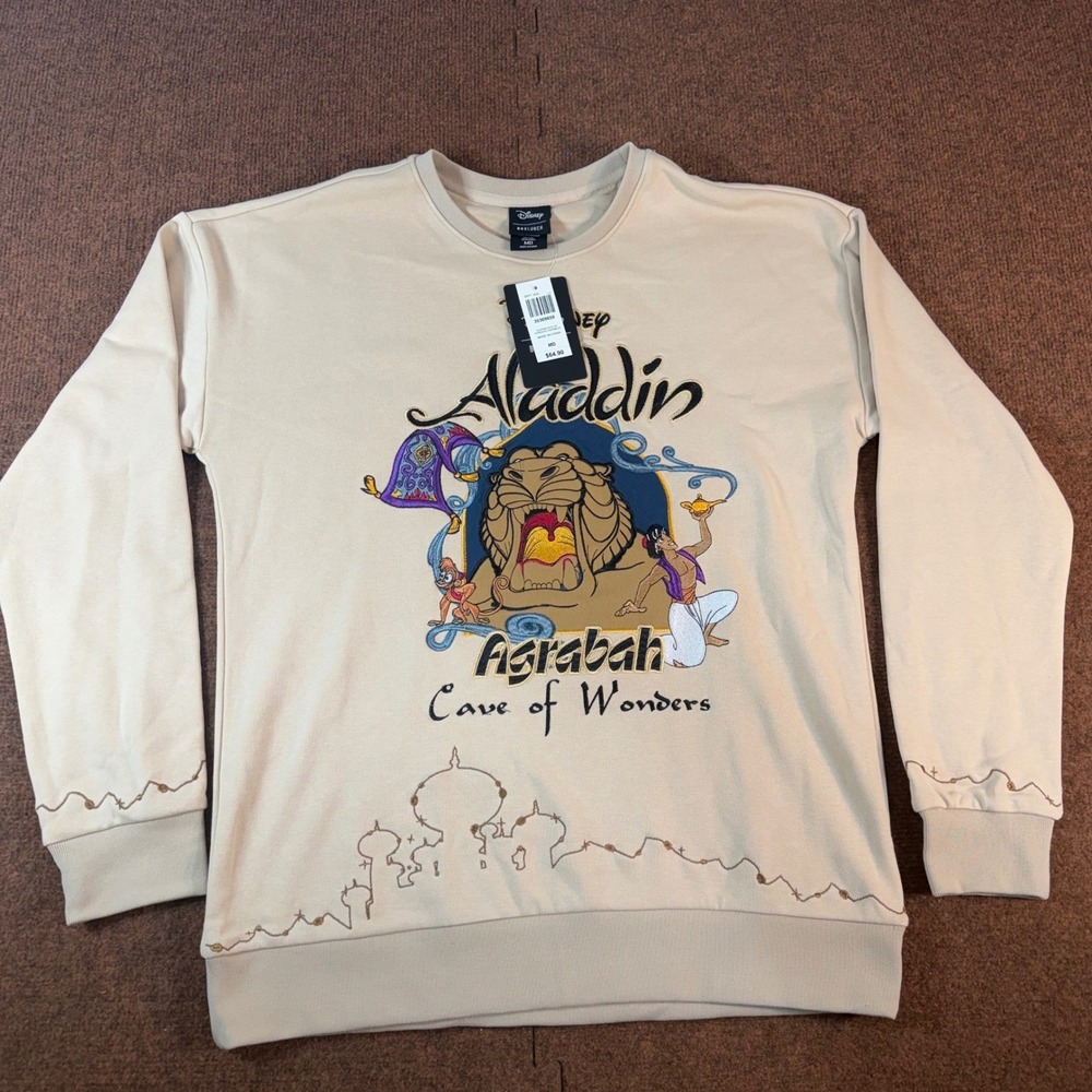 $ Disney BoxLunch Aladdin Cave of Wonders Embroidered Crewneck Sweatshirt Tan MD